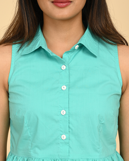 Aqua Green Sleeveless Cotton Top for Women – Summer Casual Wear