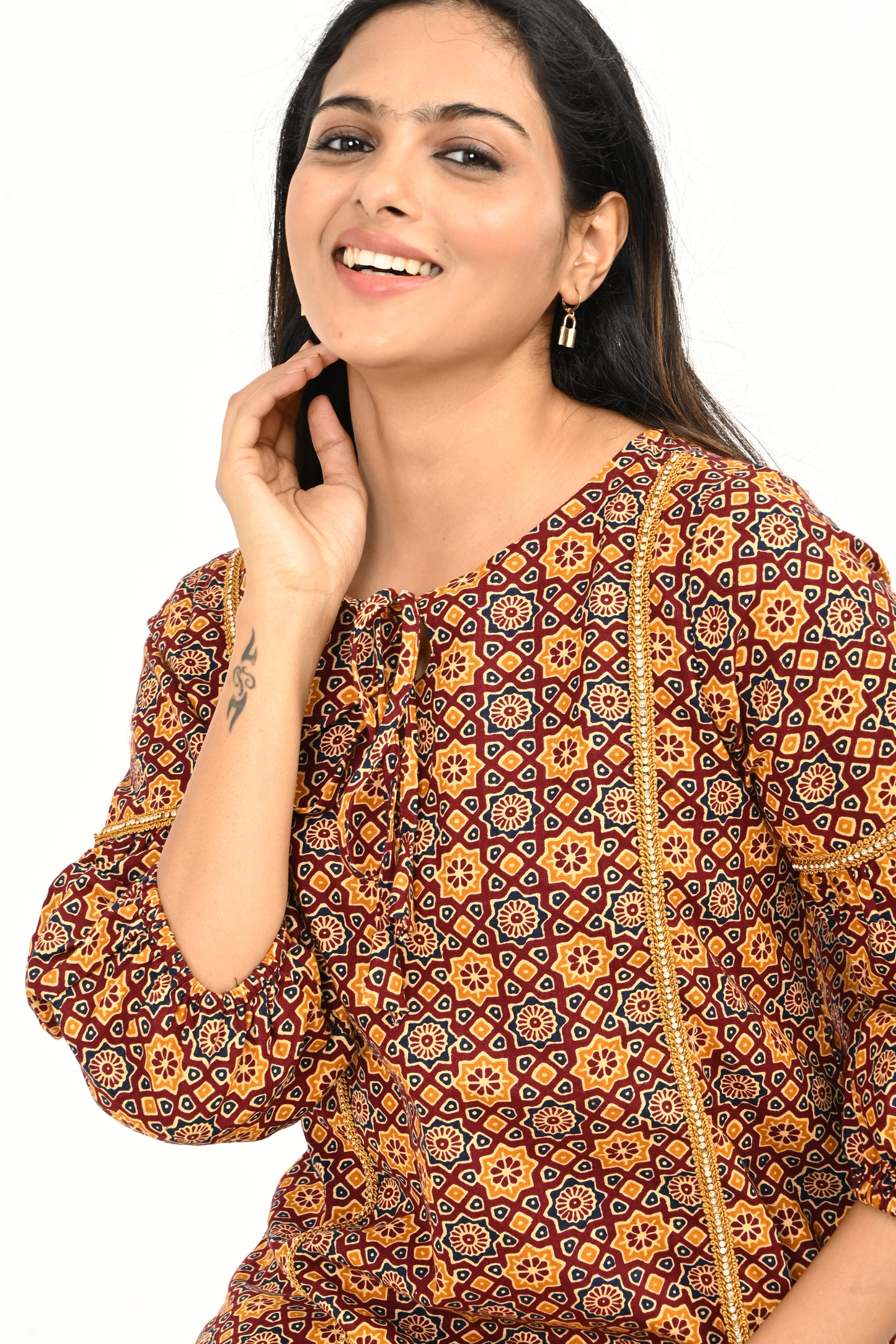 Rust Yellow All-Over Print 100% Cotton Tunic Top for Women |by Classy Clothing