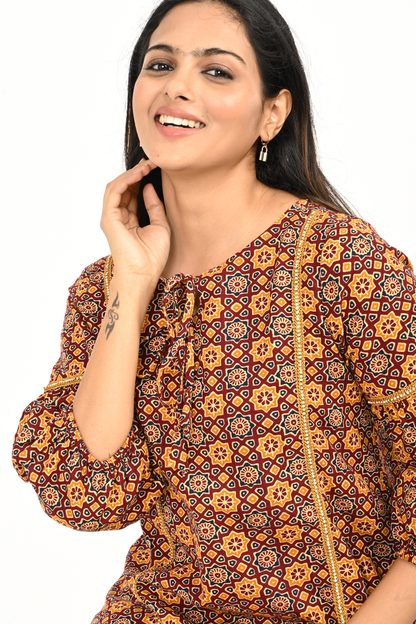 Rust Yellow All-Over Print 100% Cotton Tunic Top for Women |by Classy Clothing