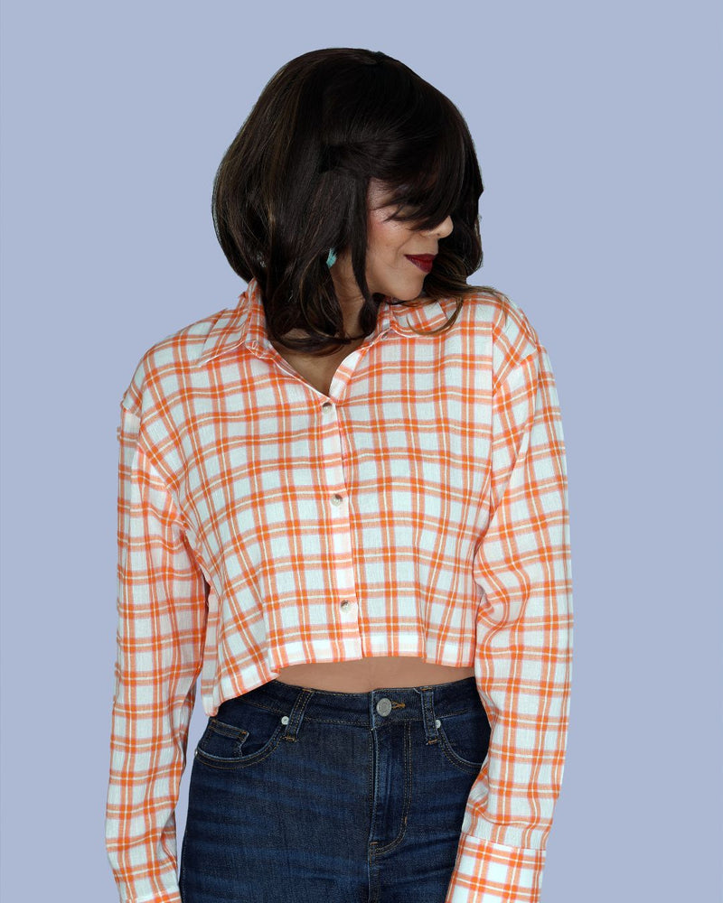 Orange check cotton cropped shirt for women – summer wear in India
