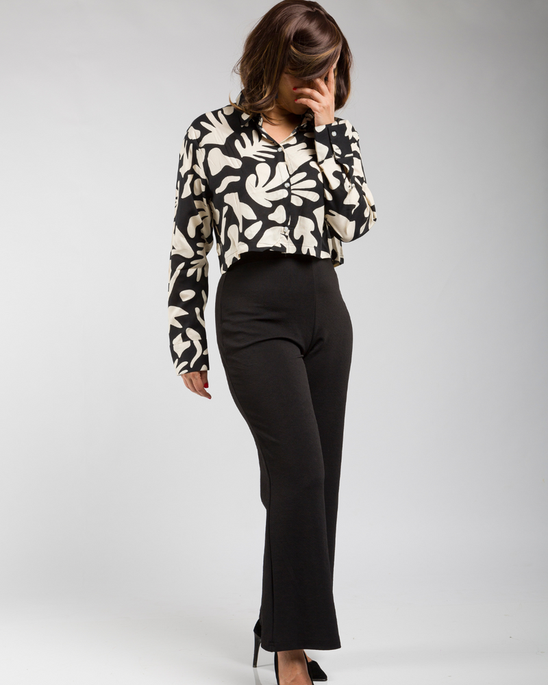 Front view of Black & Beige Rayon Printed Crop Top for Women – The Classy Clothing