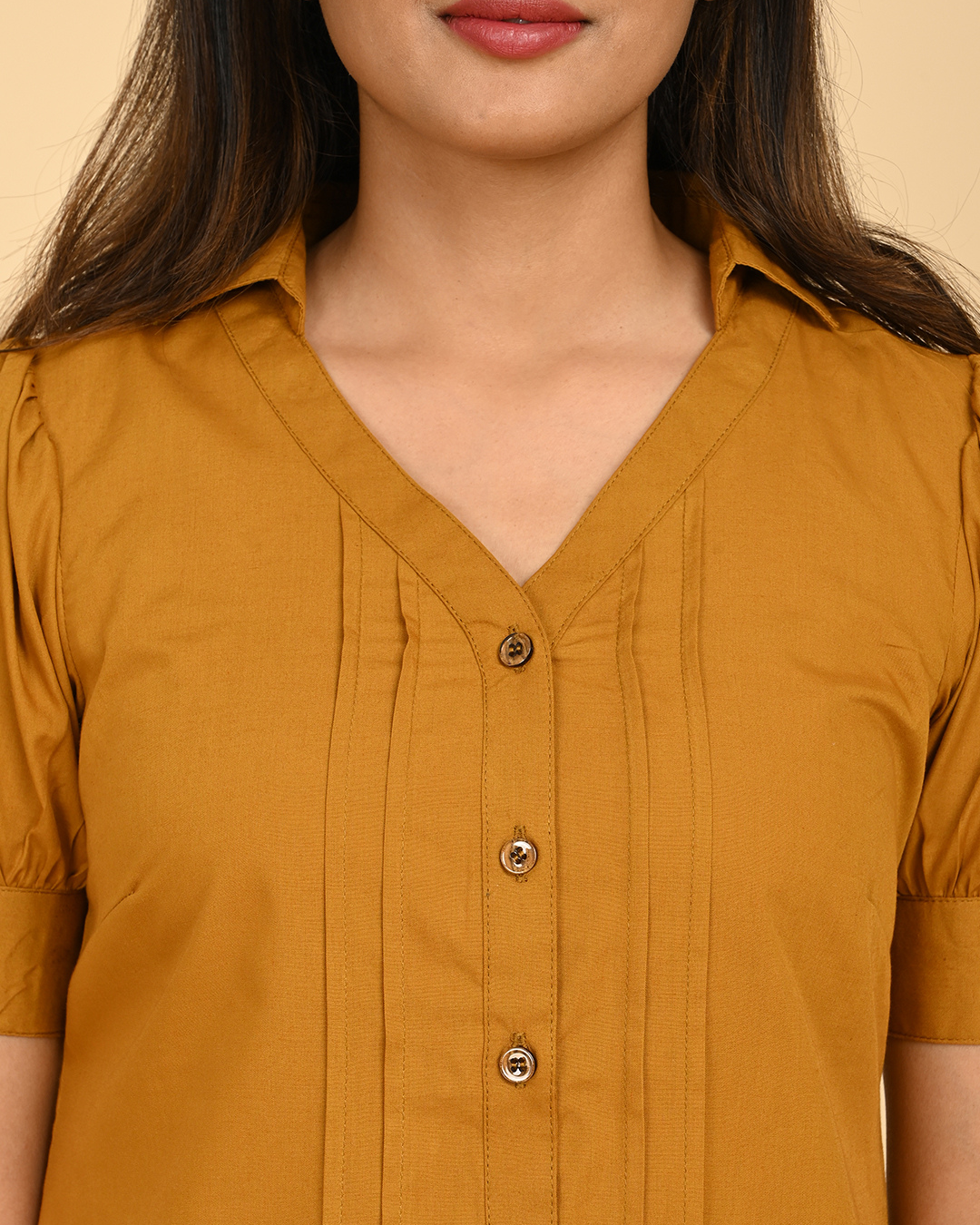 Close-up of Pintuck Detail on Mustard Yellow Cotton Top for Women – India