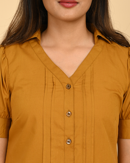 Close-up of Pintuck Detail on Mustard Yellow Cotton Top for Women – India