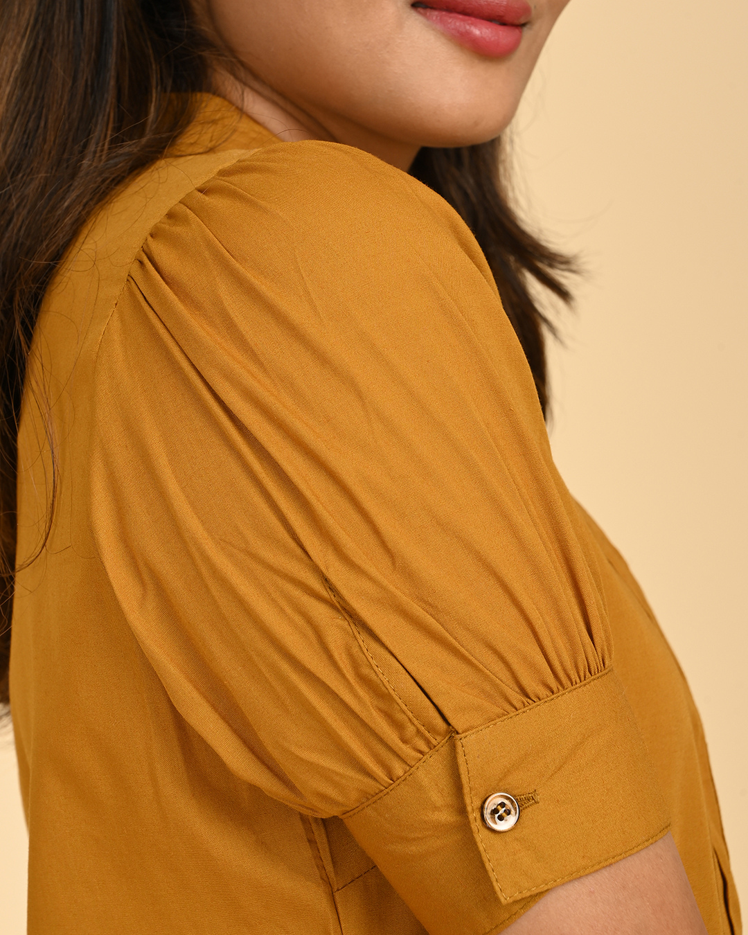 Mustard Yellow Cotton Top with Stylish Puff Sleeve and Button Detail – India