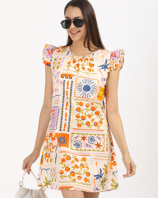Printed cotton dress with Ruffled sleeves
