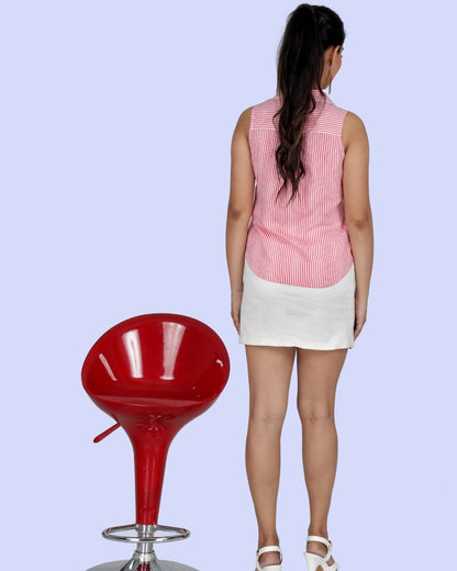 Red & White Striped Sleeveless Shirt in Yarn-Dyed Viscose