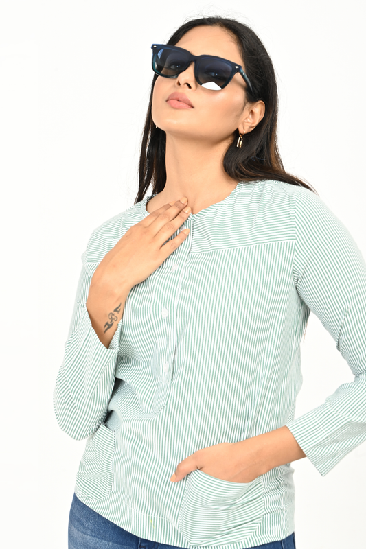 Side view of women’s mint green & white striped cotton top – comfort fit, hip length.