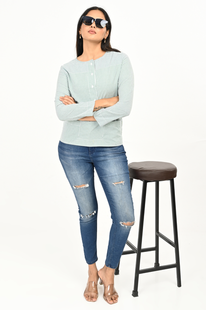 Woman wearing mint green & white striped 100% cotton top – front view – comfort fit, hip length.