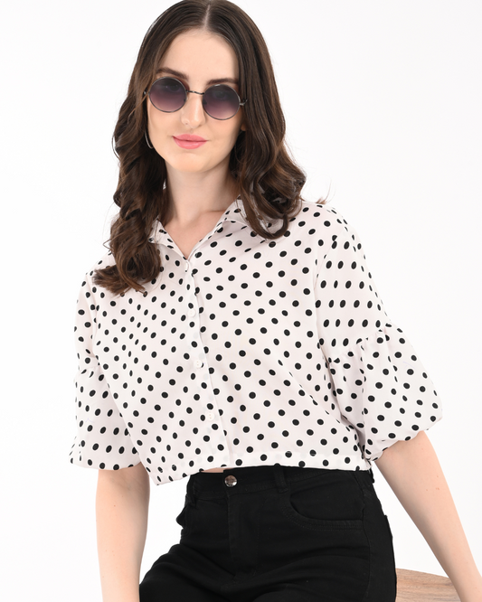 White Polka Dot Satin crop with Balloon Sleeves