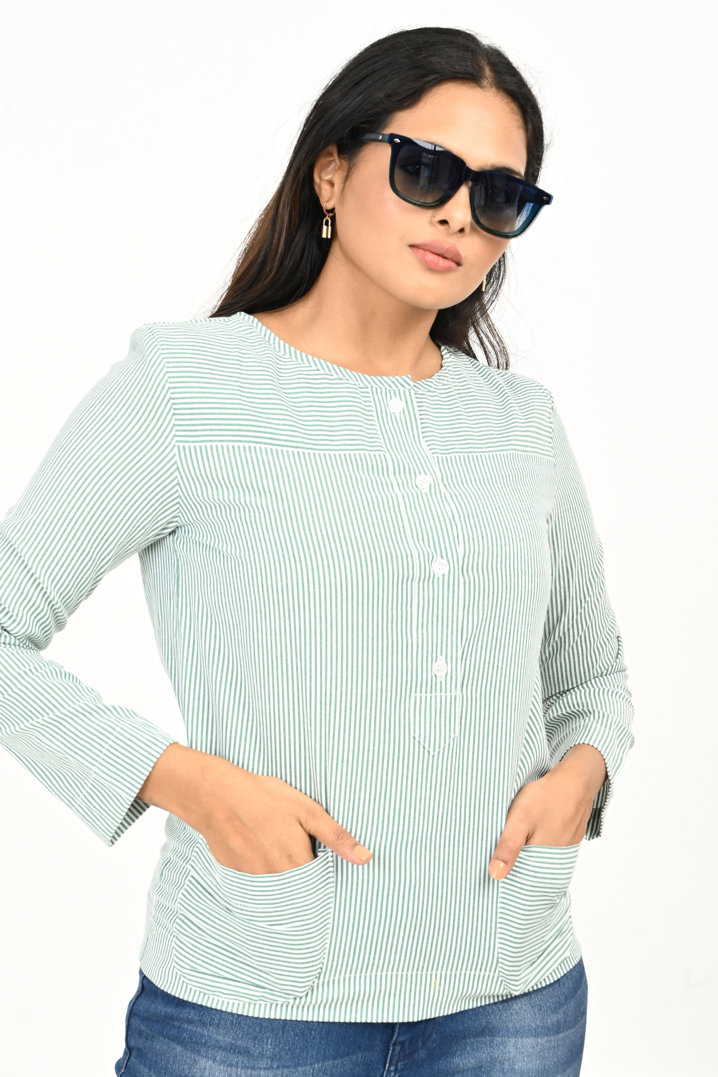 Close-up of mint green & white yarn-dyed cotton stripe top – women’s comfort fit.