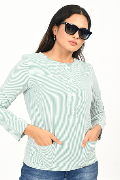 Close-up of mint green & white yarn-dyed cotton stripe top – women’s comfort fit.