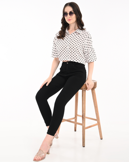 White Polka Dot Satin crop with Balloon Sleeves