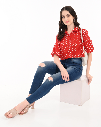 Red Polka Dot Balloon Sleeves Crop Top