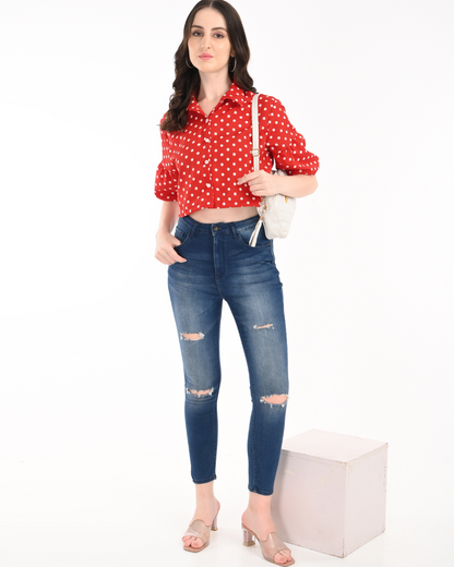 Red Polka Dot Balloon Sleeves Crop Top