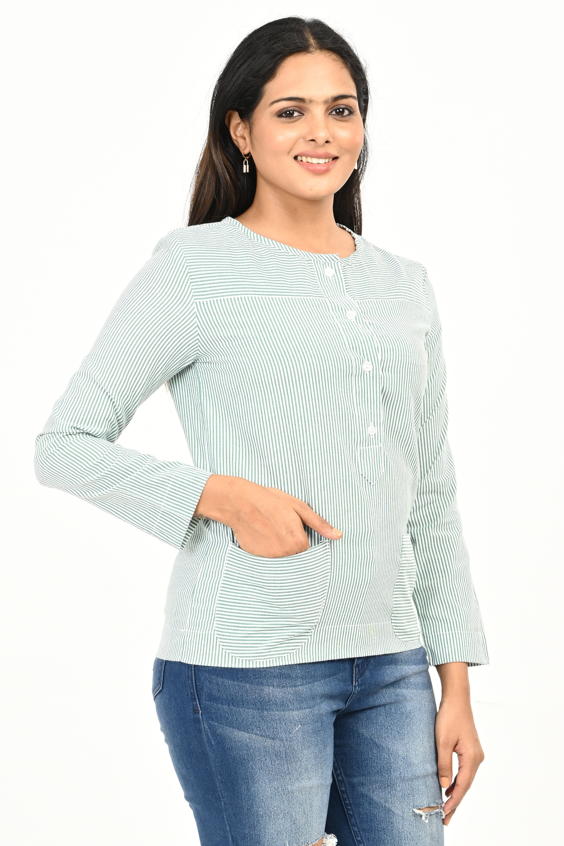 Side view of women’s mint green & white striped cotton top – comfort fit, hip length.