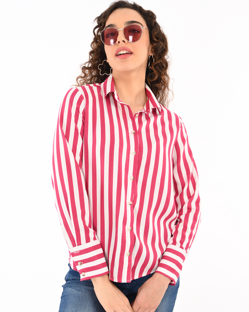 Woman wearing pink vertical stripe yarn dyed rayon shirt front view