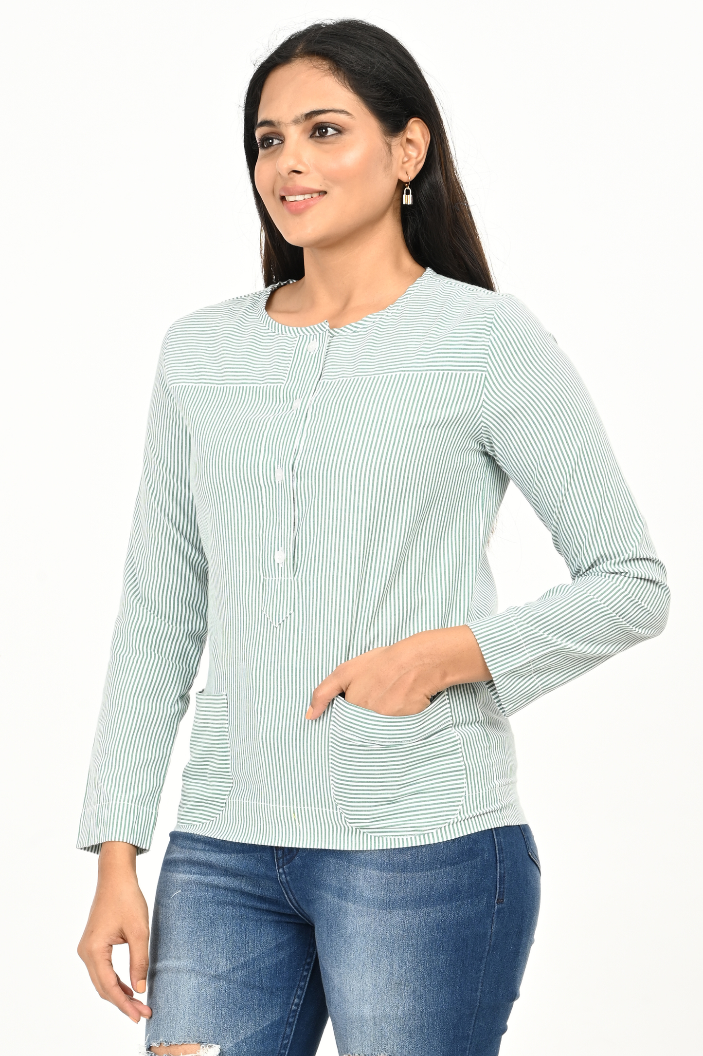 Side view of women’s mint green & white striped cotton top – comfort fit, hip length.