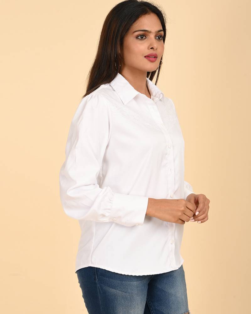 Elegant white Satin Shirt with Tonal Lace Detail.