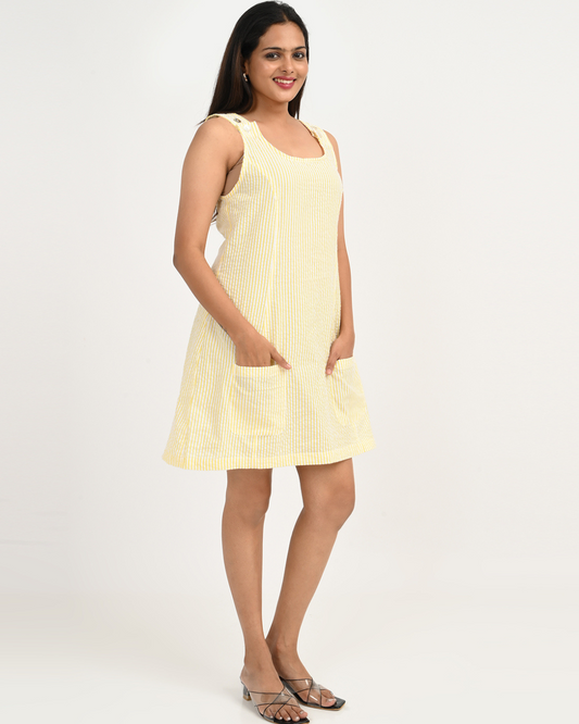 Women's Yellow and White StripeCotton Seersucker Sleeveless dress with Pocket