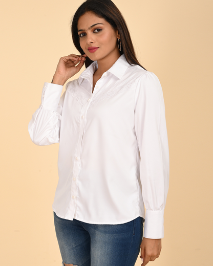Elegant white Satin Shirt with Tonal Lace Detail.