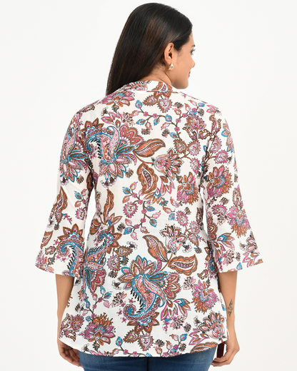 100% Cotton Voile Floral Printed Top with Front Pleat.