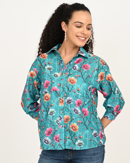 Aqua Blue Floral Cotton Top with relaxed fit and 3/4th sleeves - Classy Clothing