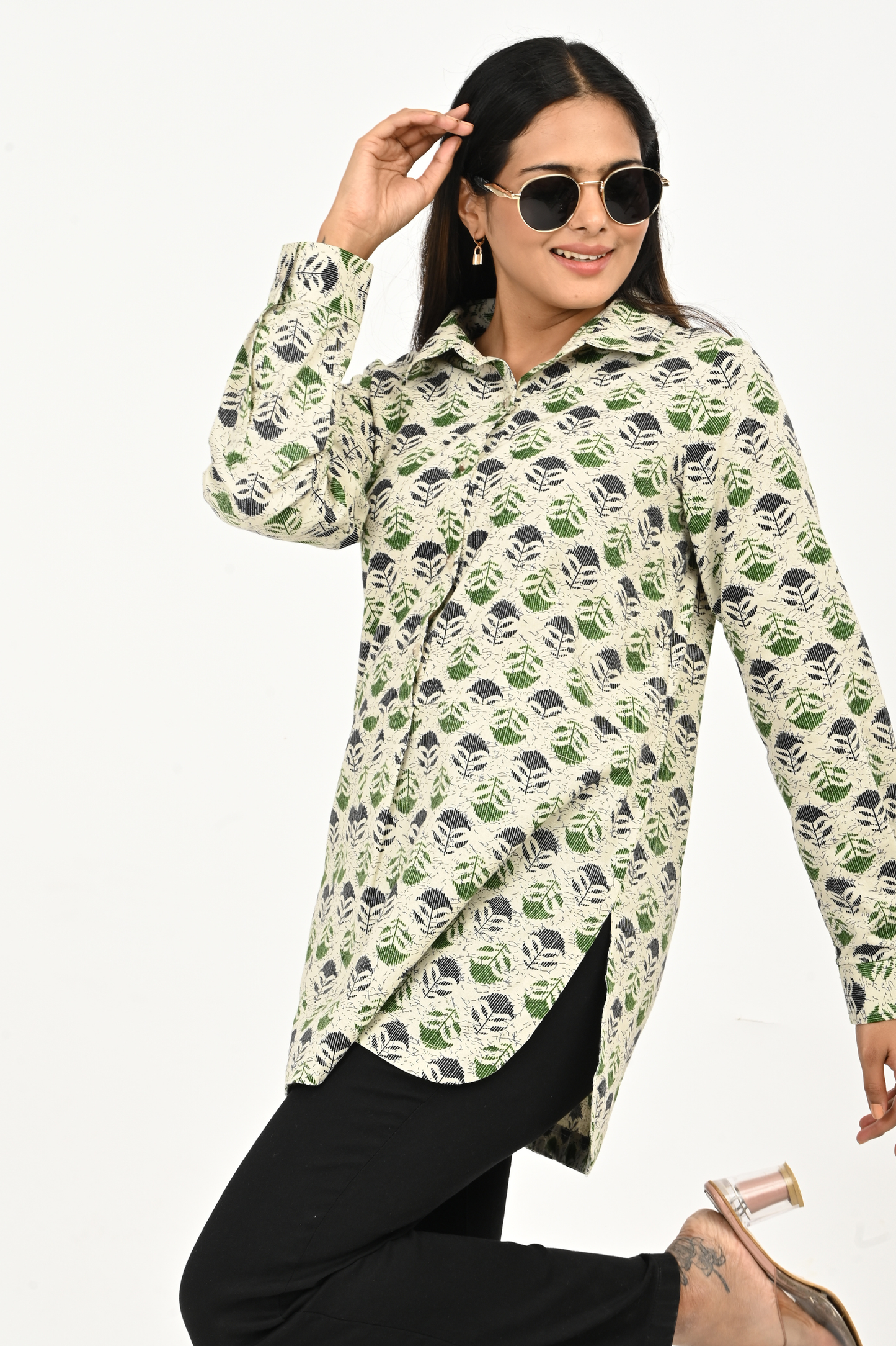 Front view of aqua green AOP cotton top for women