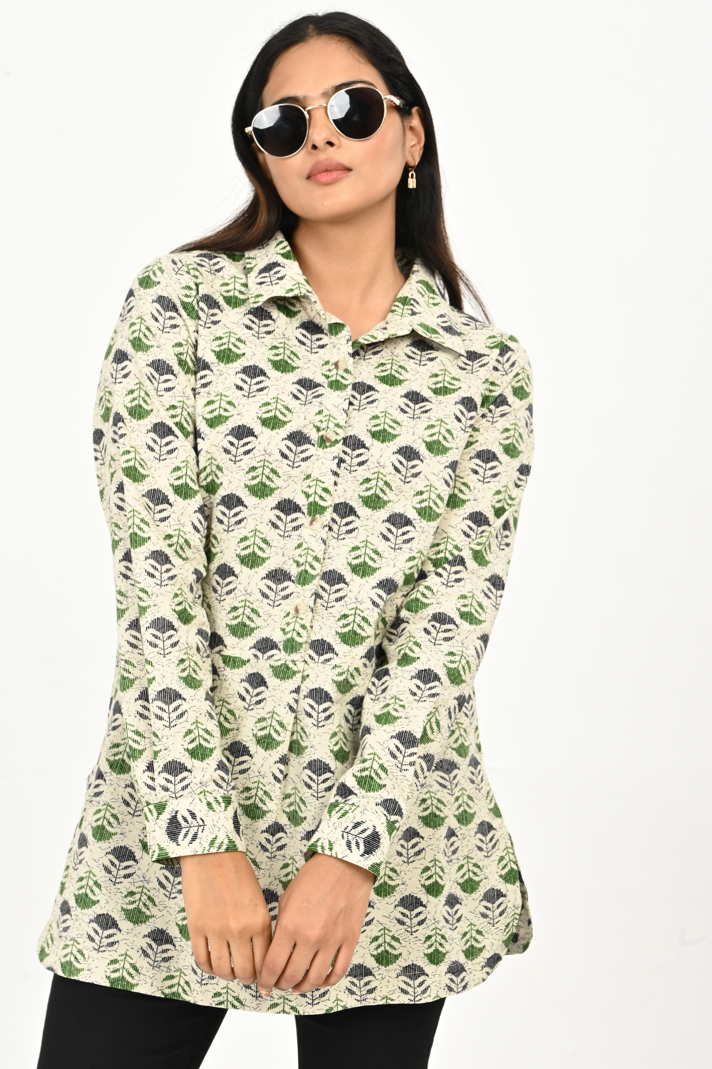 Front view of aqua green AOP cotton top for women