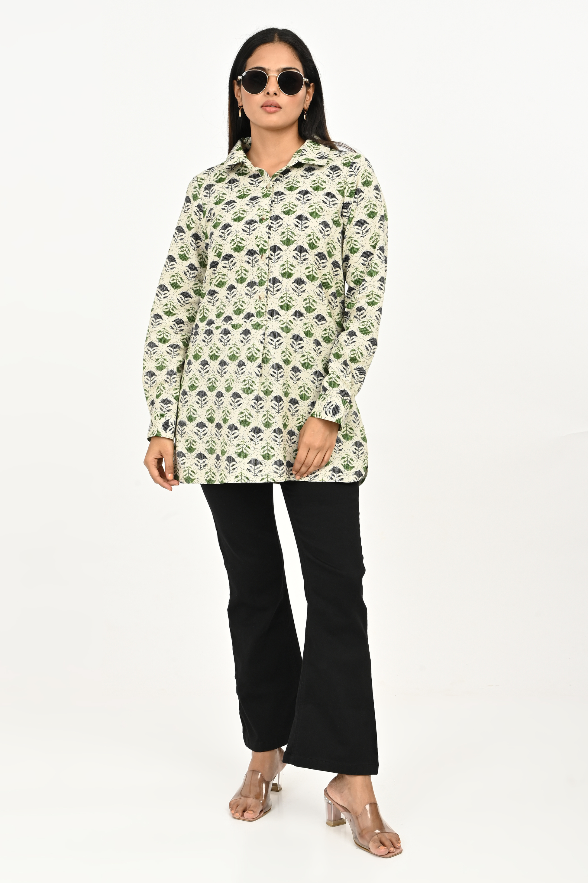 Front view of aqua green AOP cotton top for women