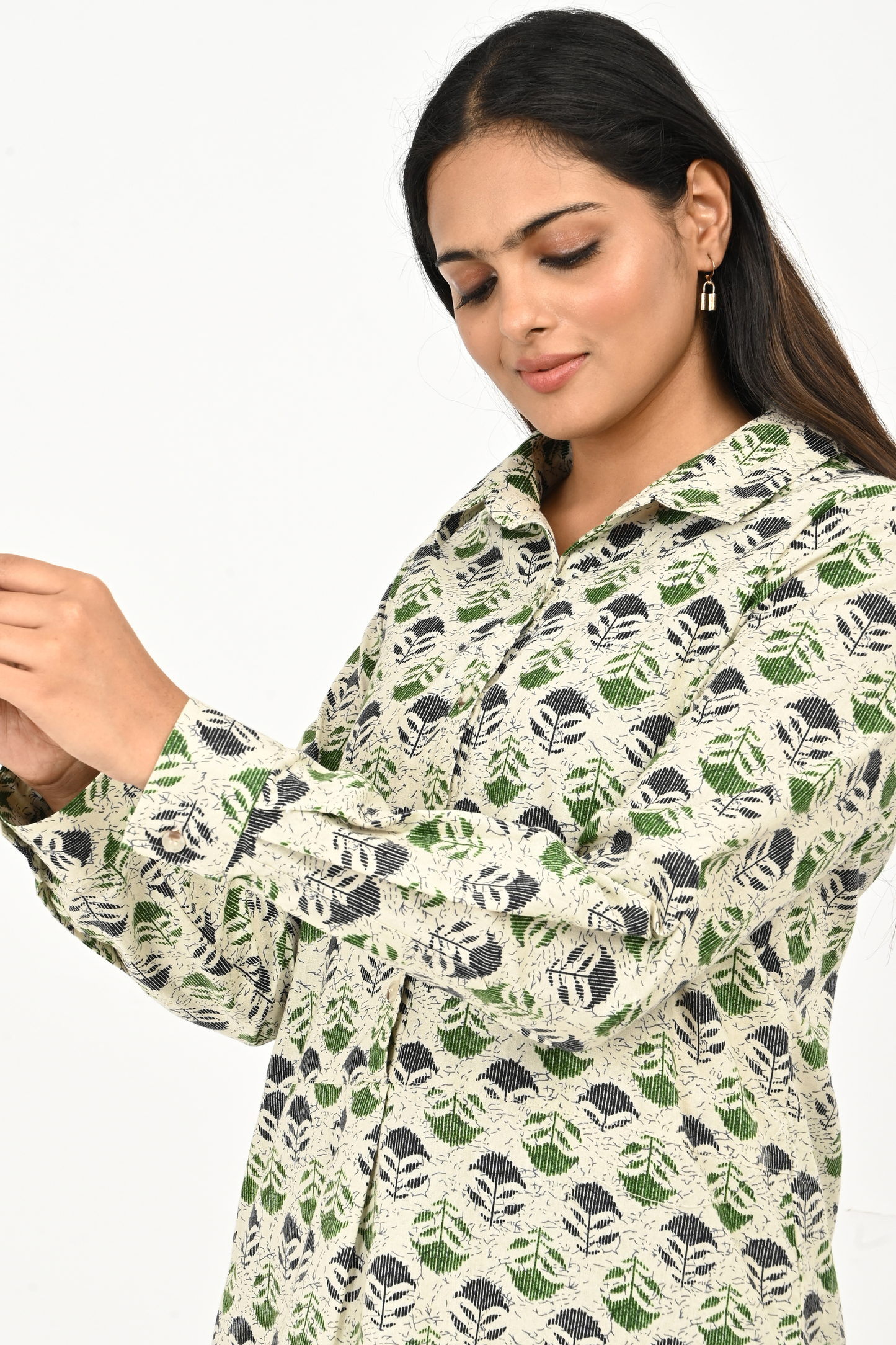 Side view of aqua green AOP cotton top for women