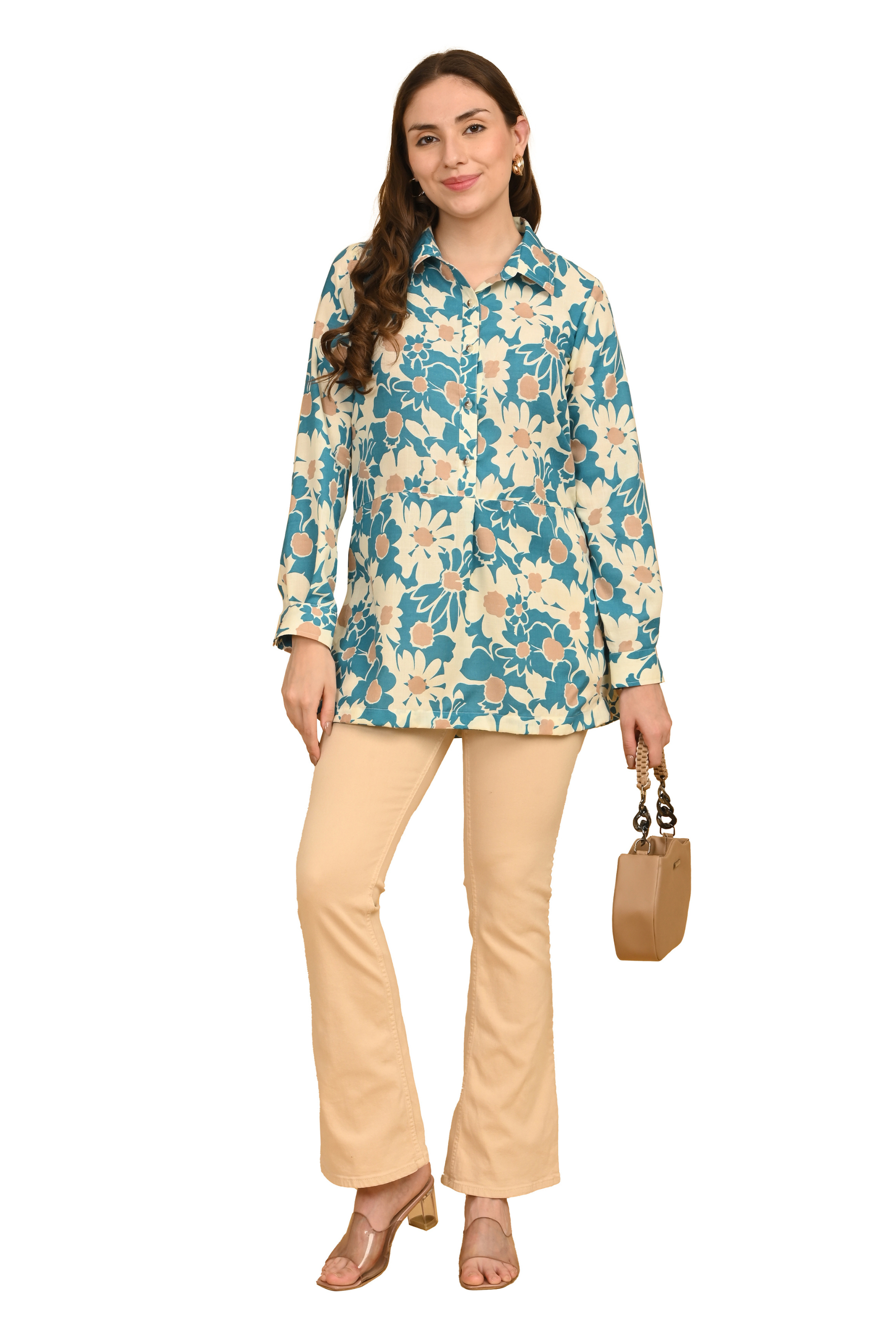 "Women's 100% cotton teal and cream floral printed shirt-style top – front view"