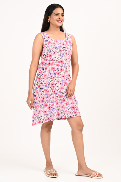 Side view of pink floral rayon dress for women, lightweight and breathable rayon fabric