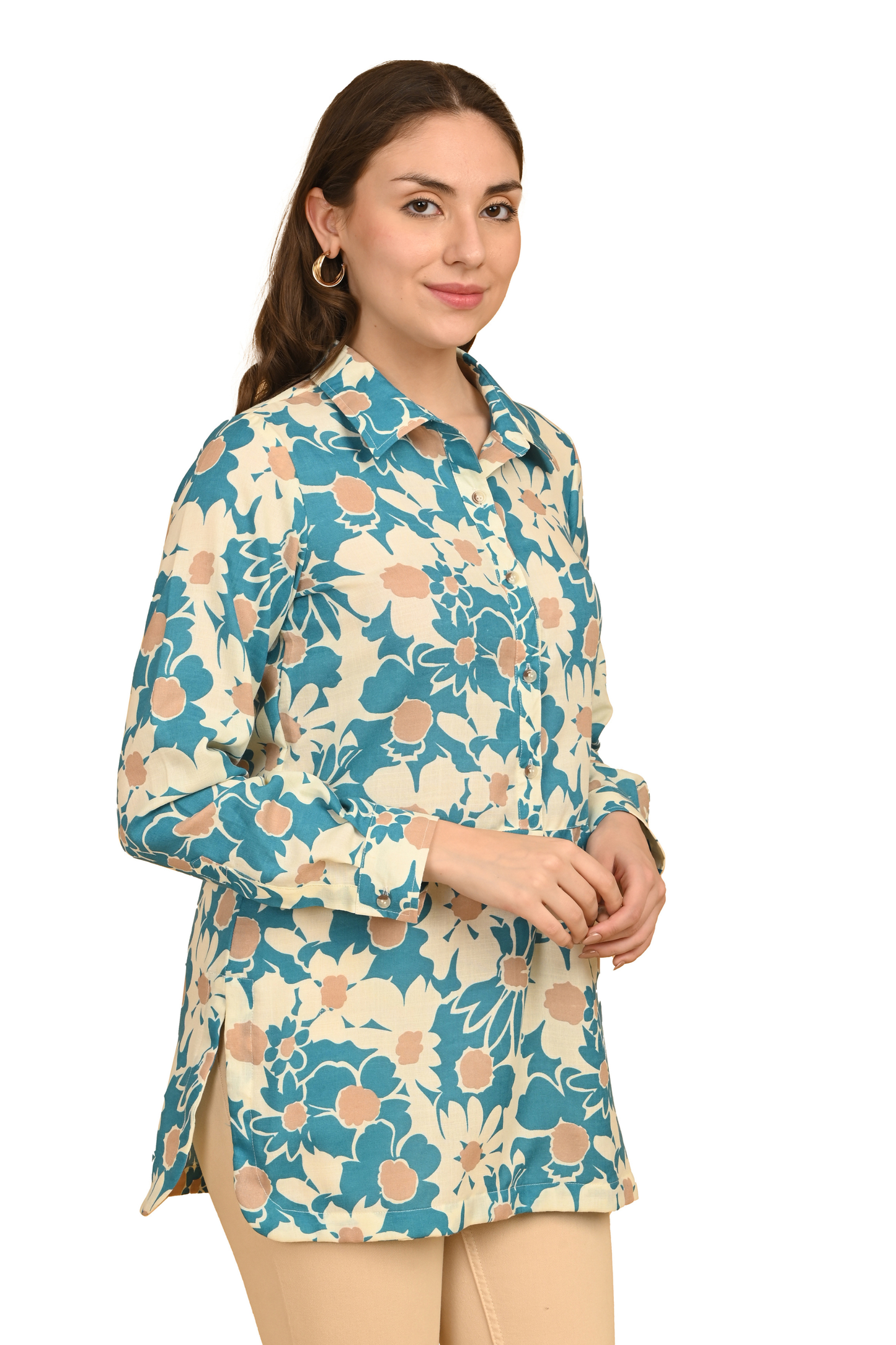 "Teal and cream floral cotton top for women – side view with full sleeves"