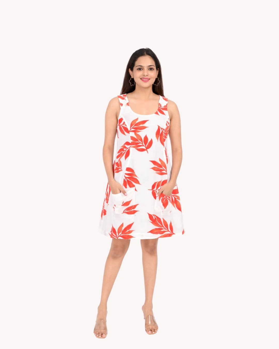 White Red Leaf Print Rayon Dress for Women