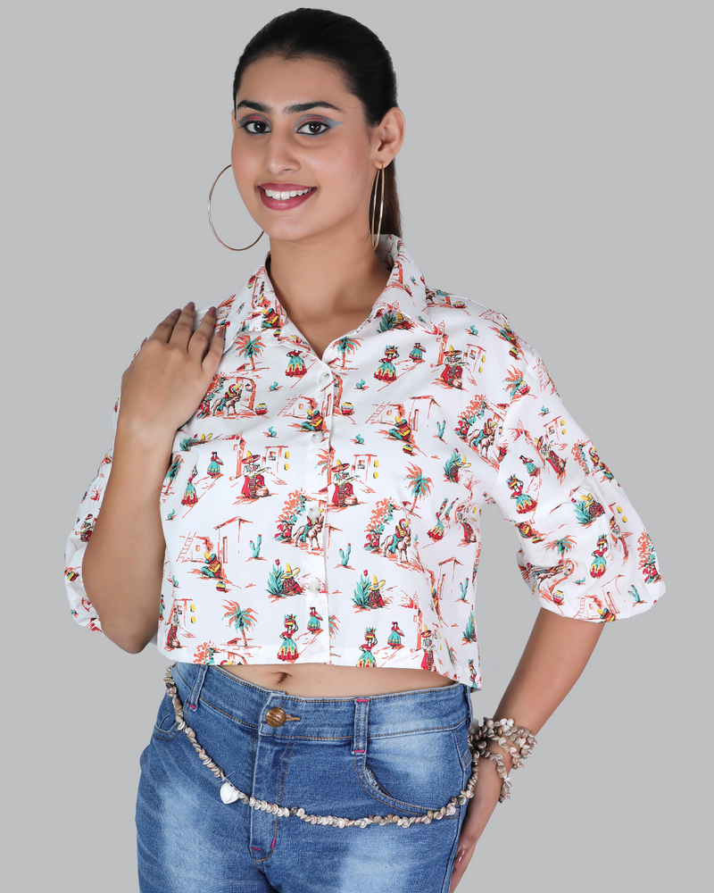 “Women’s 100% cotton all over printed shirt – front view, casual summer wear”