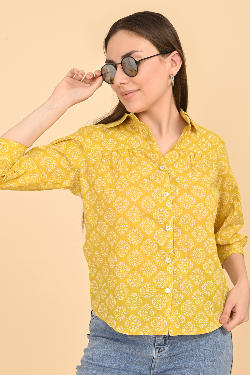 yellow cotton printed top for women front view