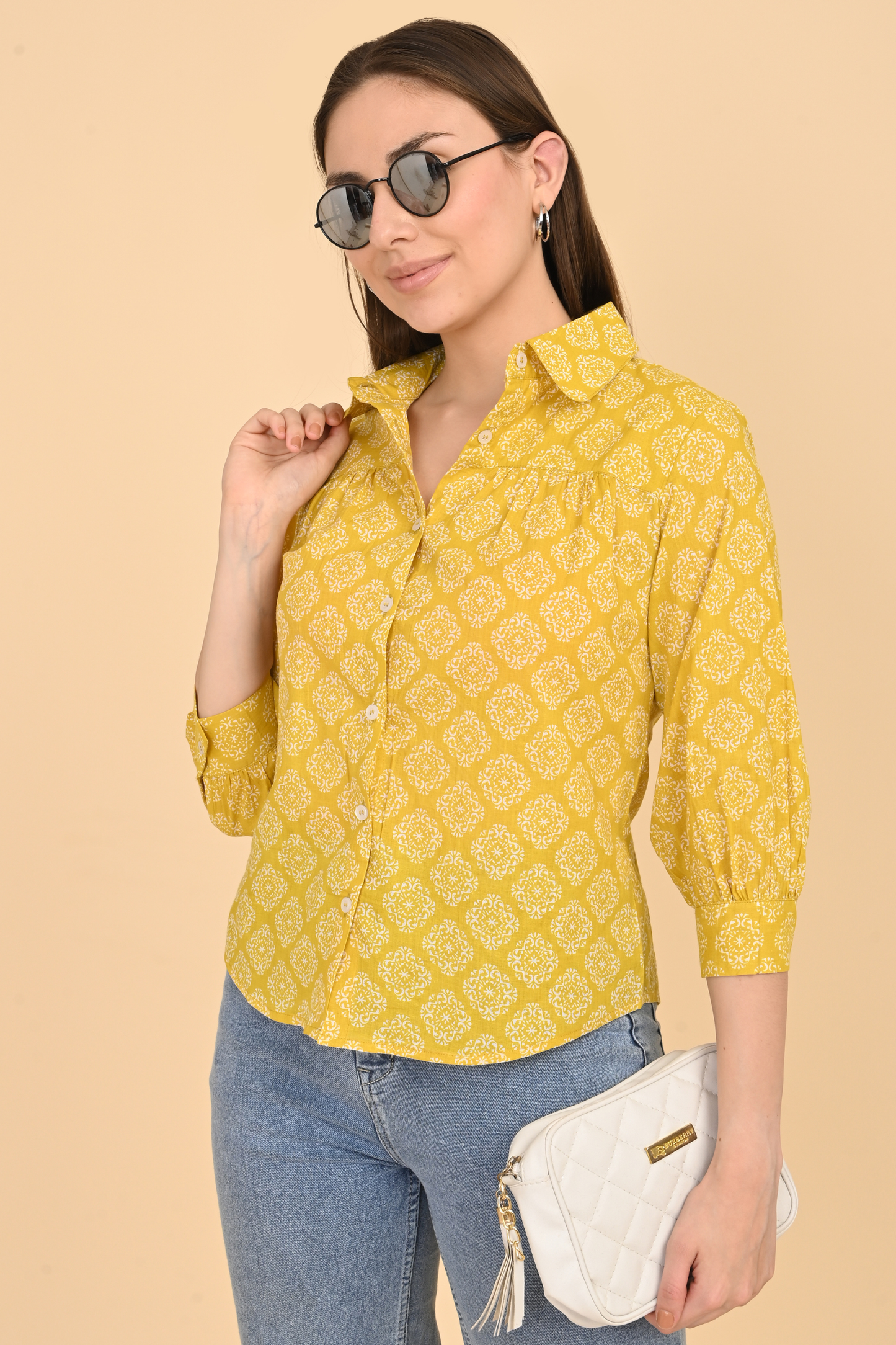 yellow cotton printed top for women casual outfit