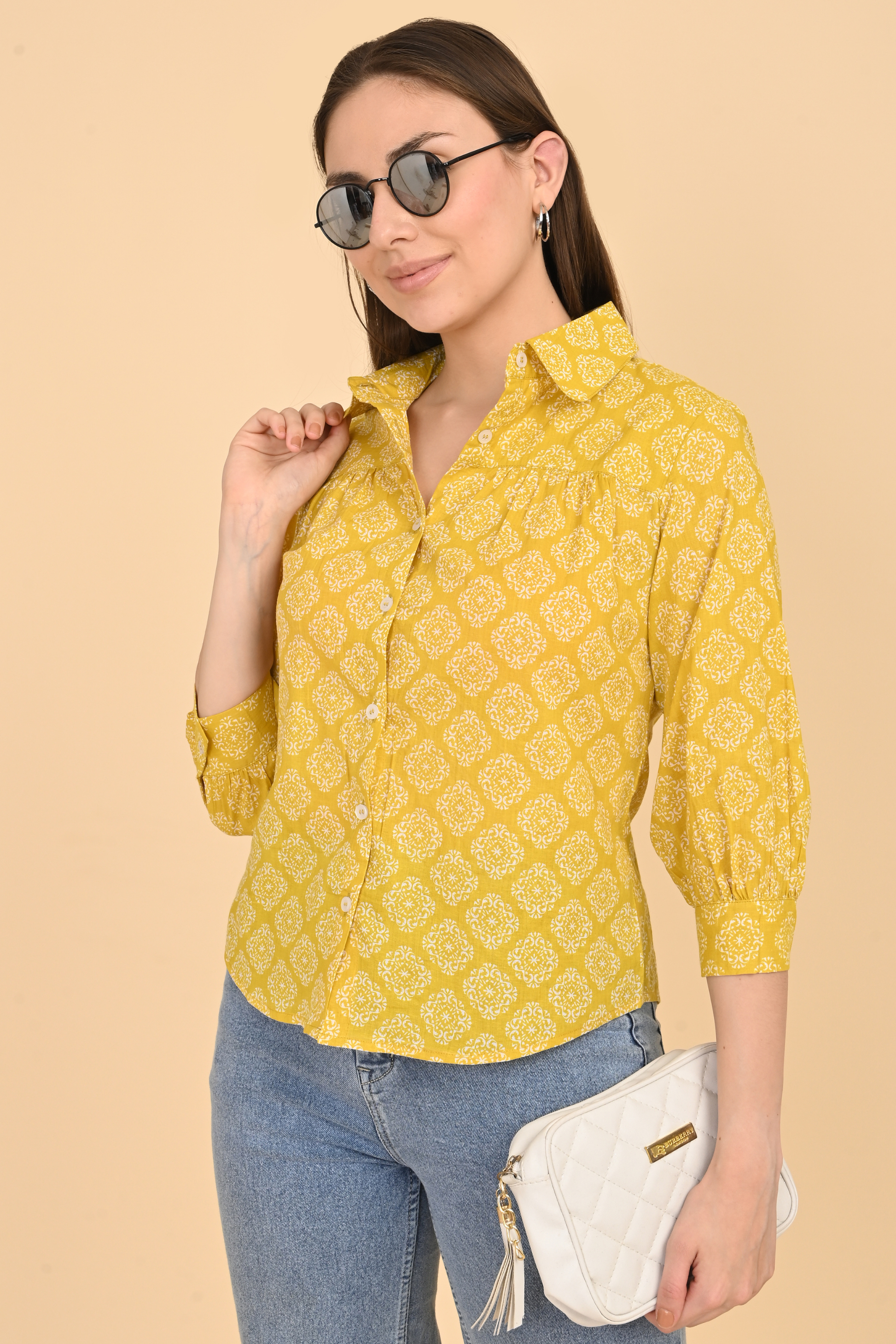 yellow cotton printed top for women casual outfit
