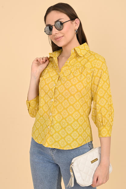 yellow cotton printed top for women casual outfit