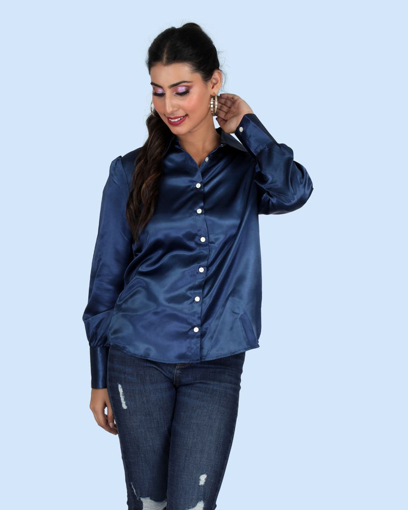 “Royal Blue Satin Shirt for Women – Front View | Classy Clothing”