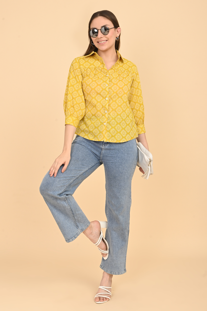 yellow cotton printed top for women full outfit view