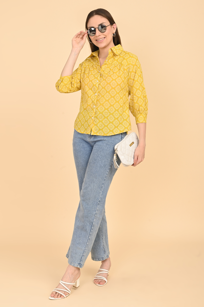 yellow cotton printed top for women casual outfit styling