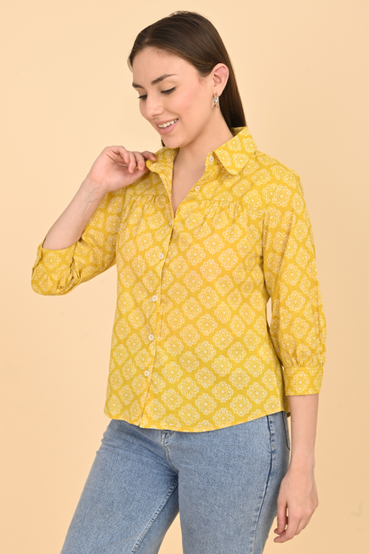 yellow cotton printed top for women casual look