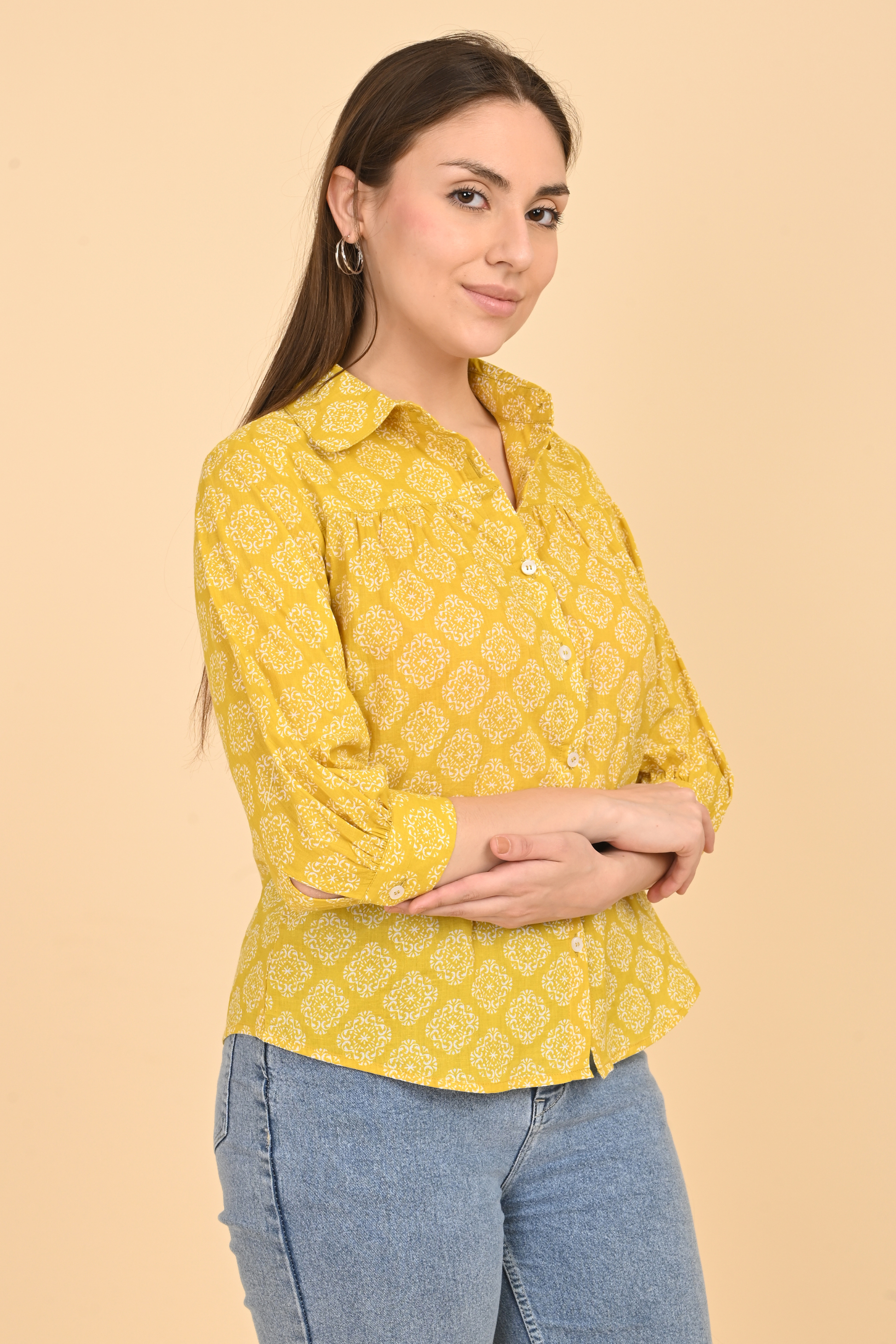 yellow cotton printed top for women side view
