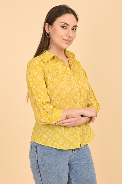 yellow cotton printed top for women side view