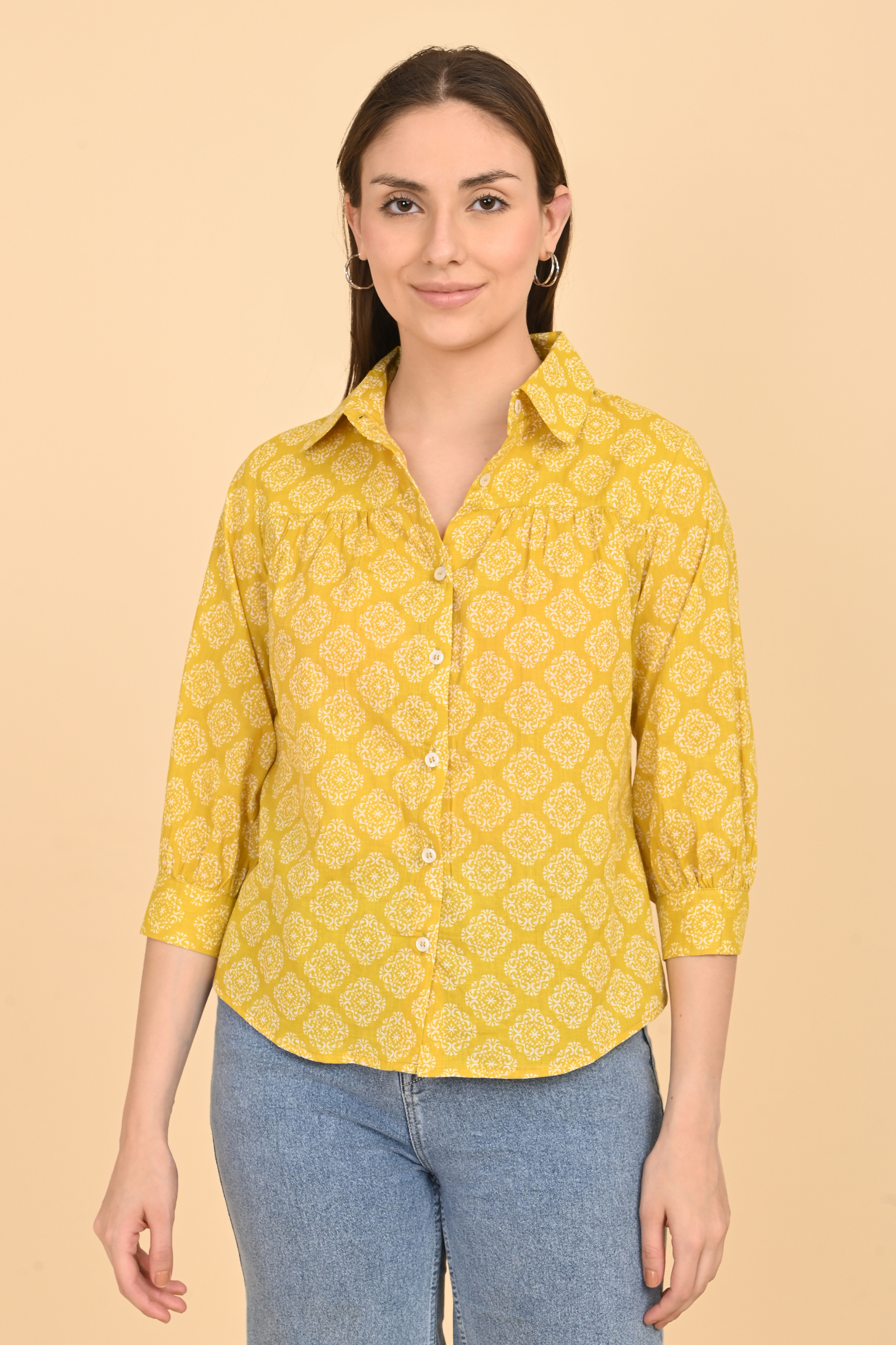 yellow cotton printed top for women front view