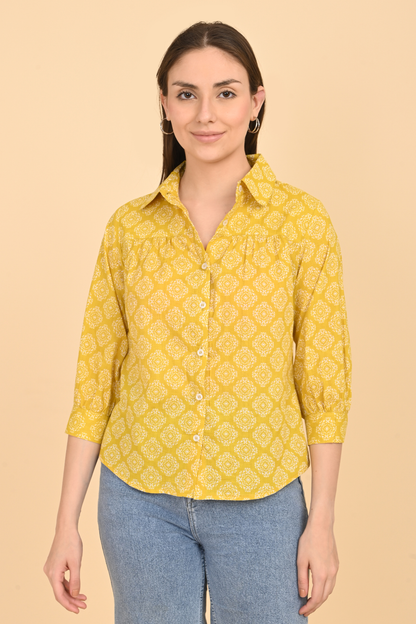 yellow cotton printed top for women front view