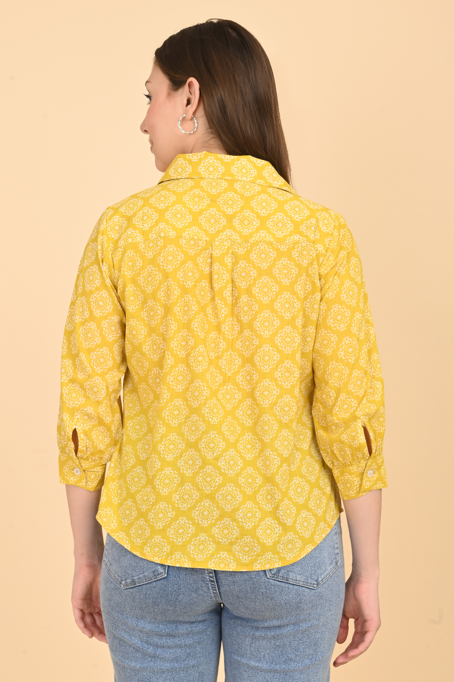 yellow cotton printed top for women back view