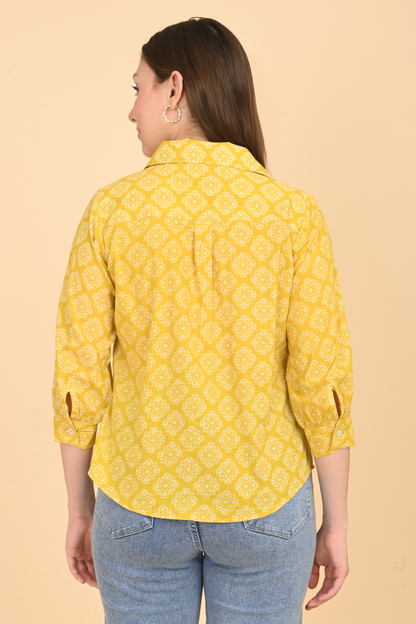 yellow cotton printed top for women back view