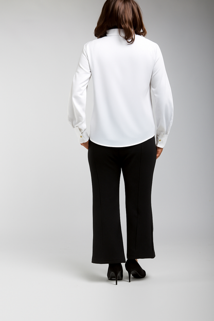 “Back view of white satin shirt for women – smooth satin fabric, tailored fit, wrinkle-free finish.”